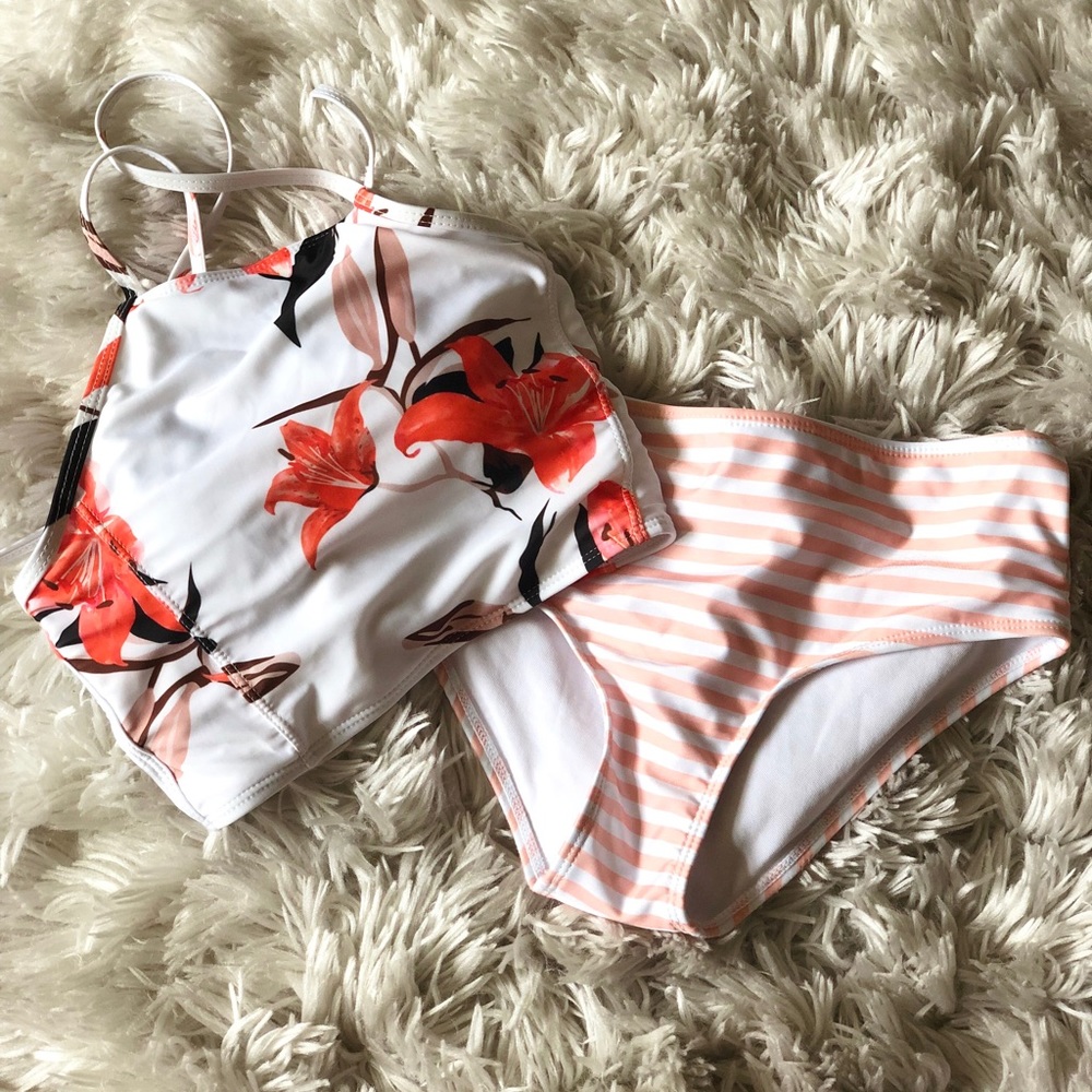 Floral High Waisted Halter Bikini Set size small